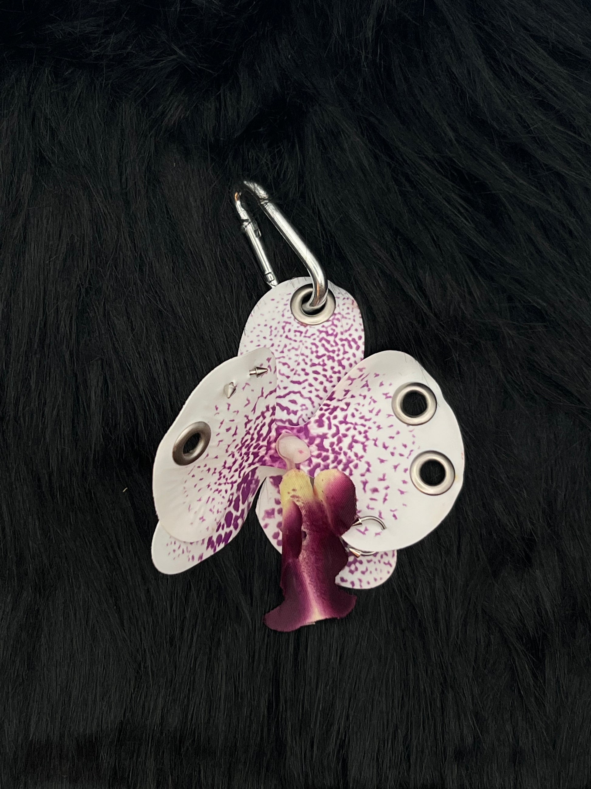 Purple and White Pierced Orchid Keychain with Silver Hardware – Kamira Purple and White Pierced Orchid Keychain with Silver Hardware – Kamira