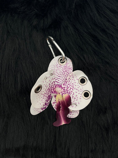 Purple and White Pierced Orchid Keychain With Silver Hardware