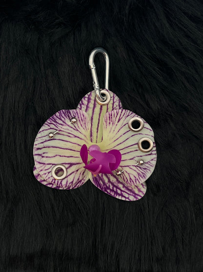 Purple and White Pierced Orchid Keychain With Silver Hardware