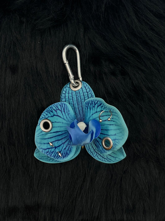 Blue Pierced Orchid Keychain With Silver Hardware