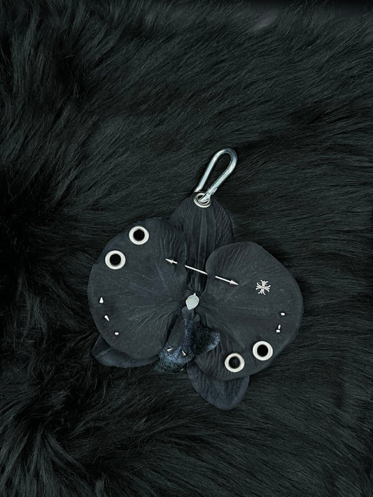 Black Pierced Orchid Keychain With Silver Hardware
